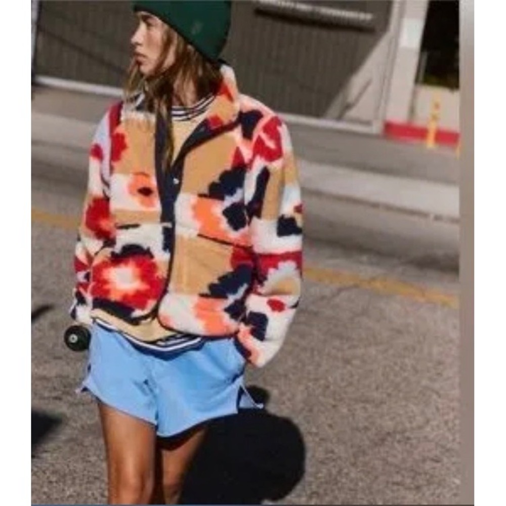 Free People Movement Hit The Slopes Printed Fleece Jacket Multi Color Floral NWT